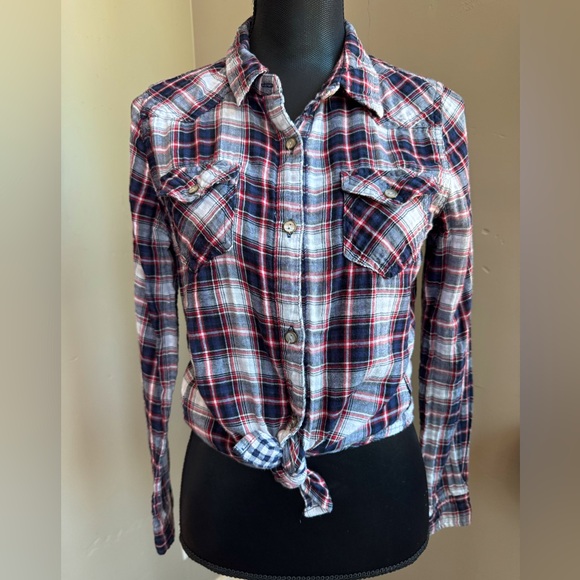 Vanilla Star Plaid Red, White & Blue Shirt Button Down Shirt Junior Size Large - Picture 1 of 14